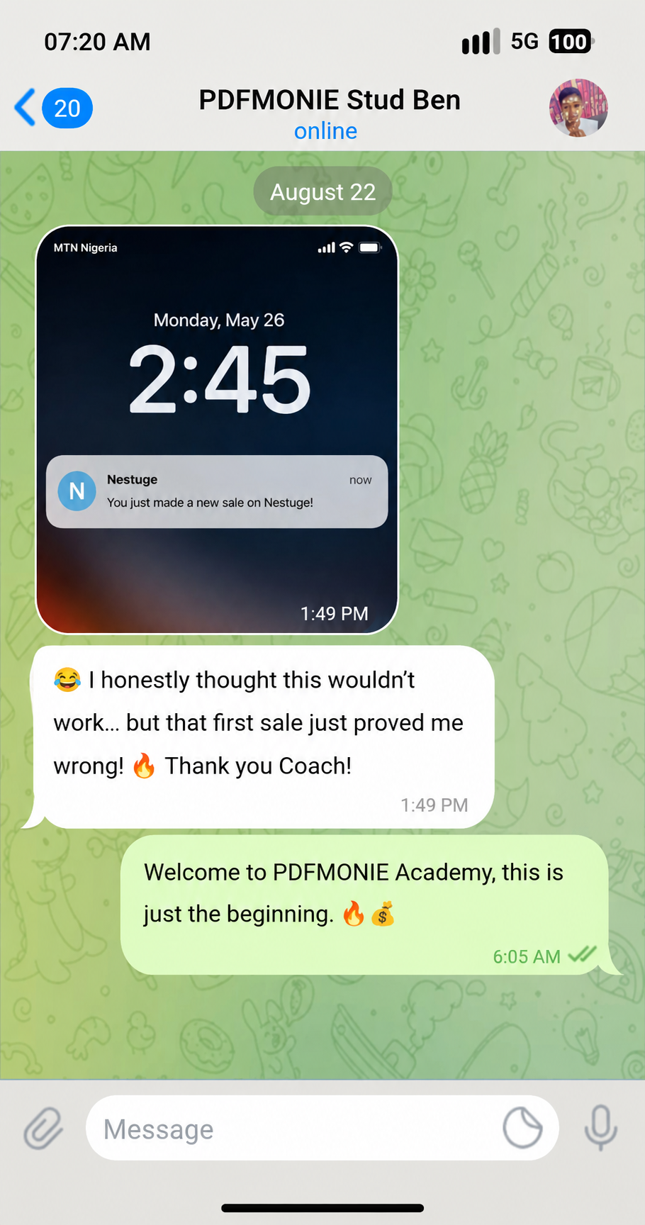 Ben shares a sale notification and a message saying he did not think it would work until his first sale.