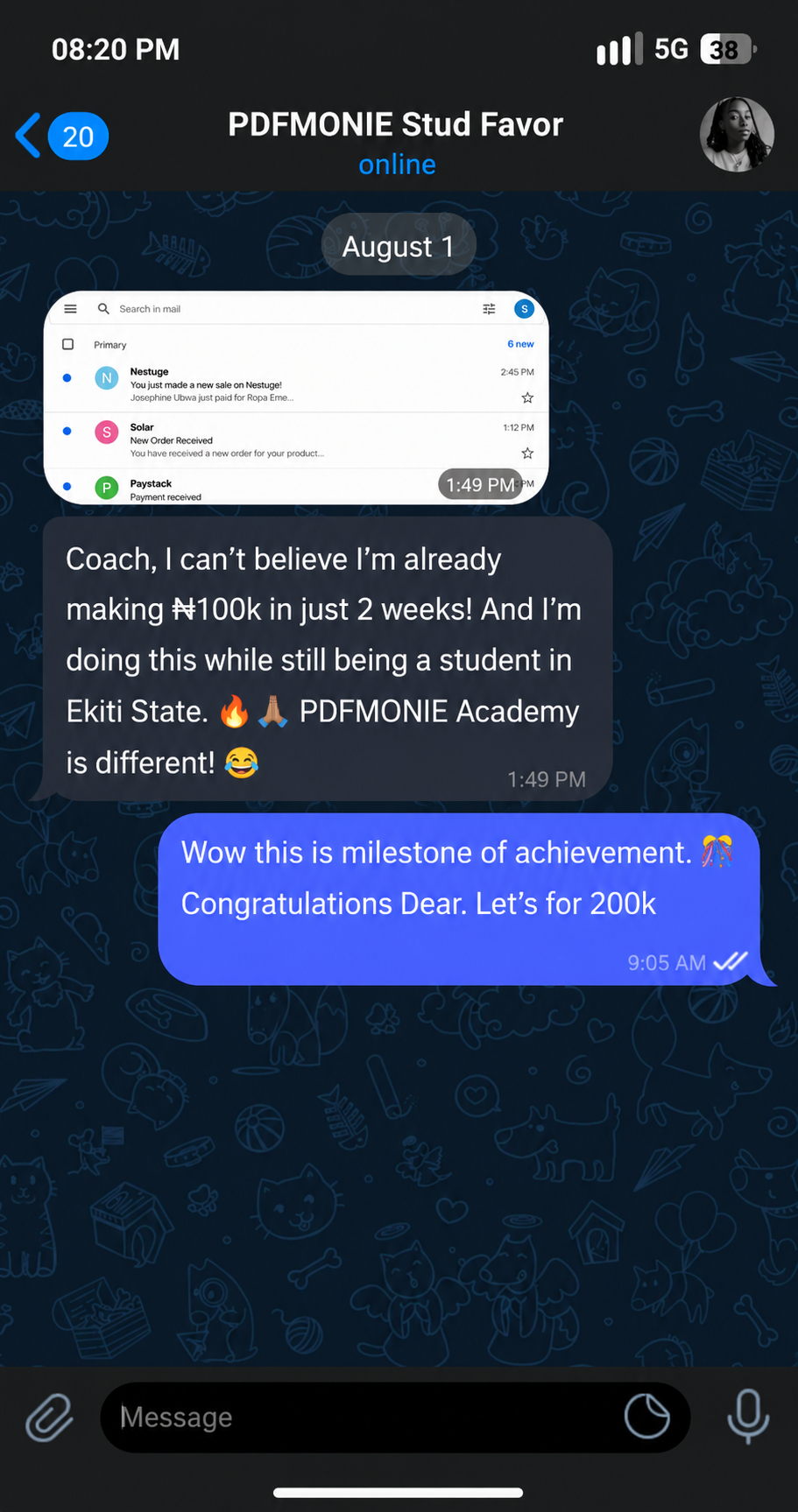Favor, a student in Ekiti State, messages about making ₦100k in two weeks alongside studies.