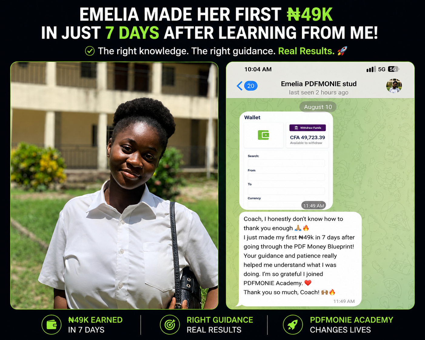 Emelia shares a wallet screenshot and message about her first ₦49k in 7 days after going through the PDF Money Blueprint.