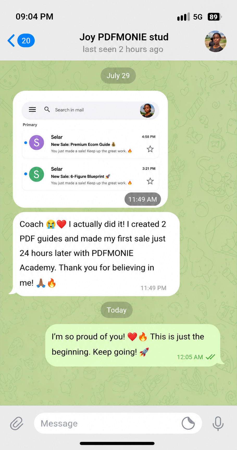 Joy's full chat thread showing sale notification emails and her message about her first sale.