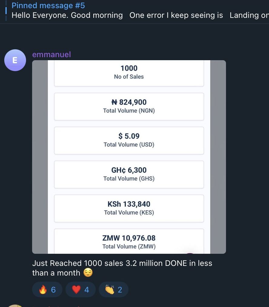 Community member Emmanuel posts a dashboard screenshot reporting 1000 sales in under a month.
