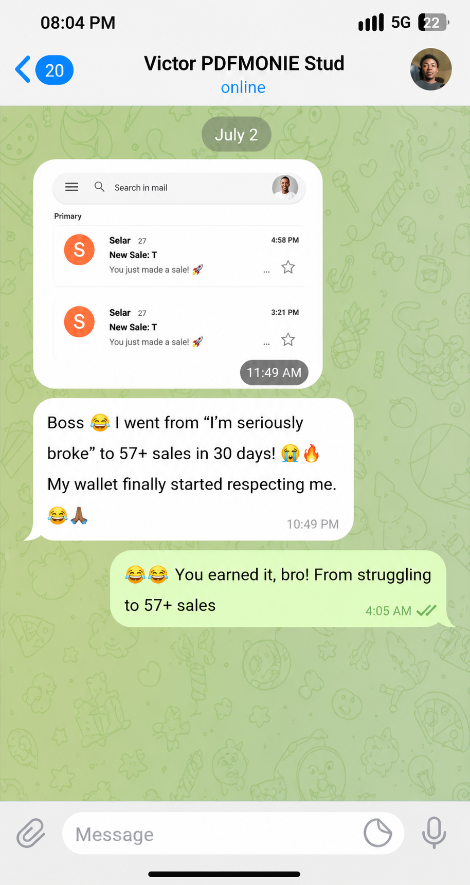Victor messages about going from struggling to 57+ sales in 30 days.